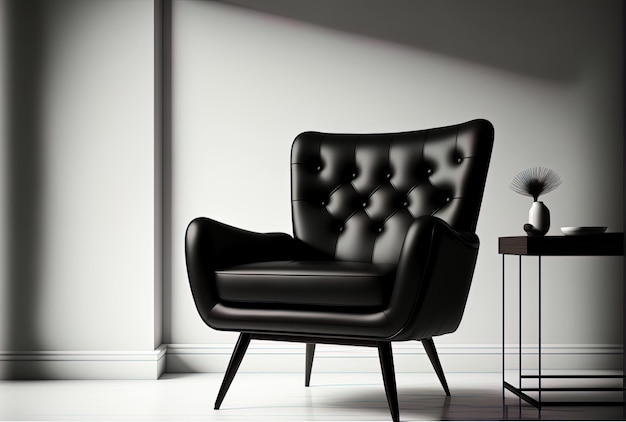 Black leather armchair in a contemporary minimalist room with a blank white wall background