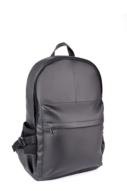 Black leather backpack isolated on white