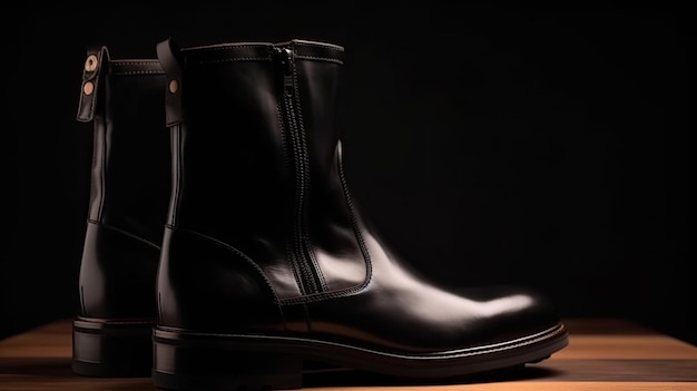 A black leather boot with a black sole and the word's on the bottom.