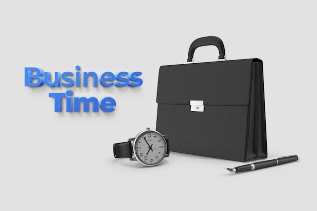 Black leather briefcase and watch with pen on the white isolated background