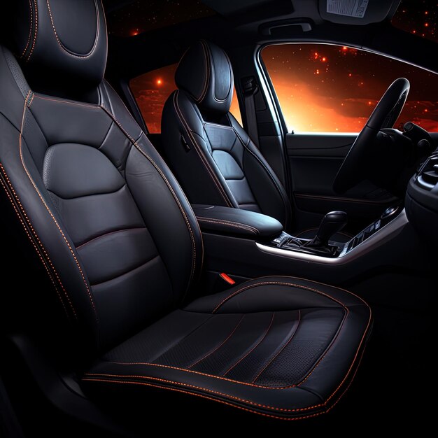 Photo a black leather car seat with a red and orange sky behind it