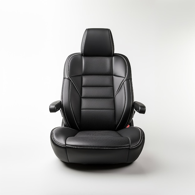 a black leather car seat with a red tag on the back