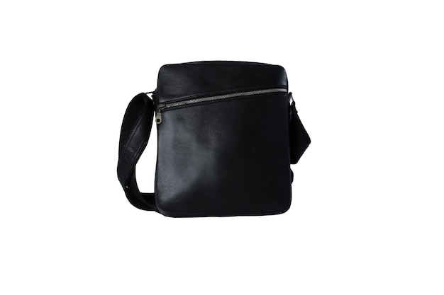 Black leather casual sling bag isolated on white background.