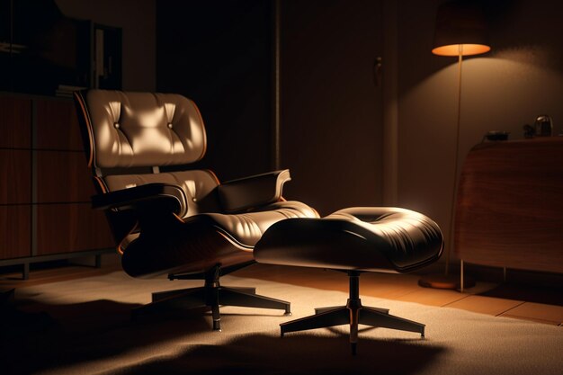 A black leather chair in a dark room with a lamp on the floor.