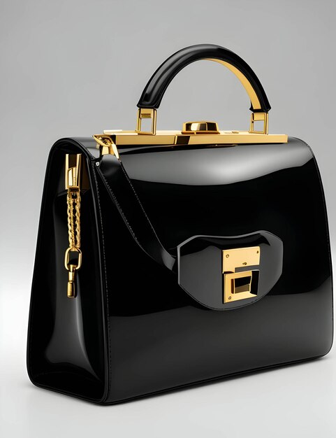 A black leather handbag with gold details