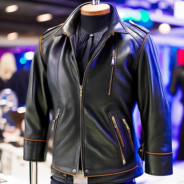 A black leather jacket with red trim and a white stripe on the front.