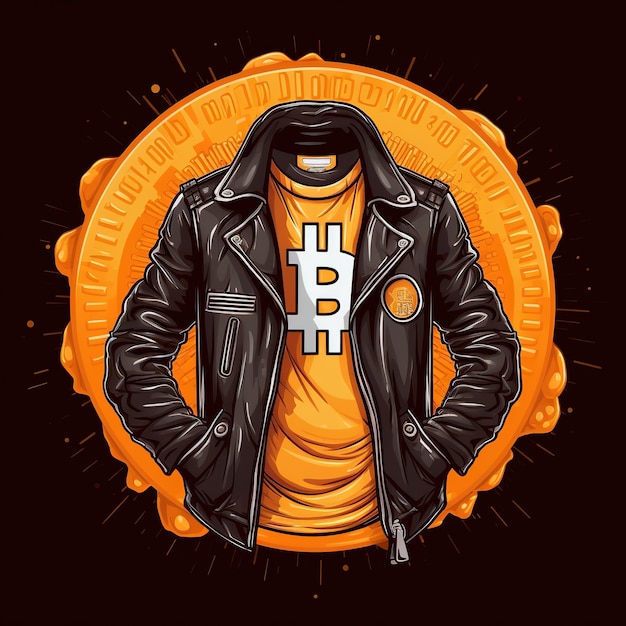 A black leather jacket with a symbol Bitcoin