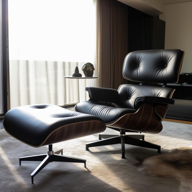 A Black leather lounge chair and ottoman