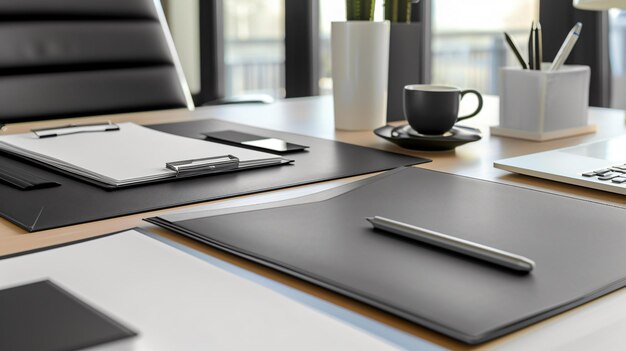 Photo black leather office desk with a laptop coffee cup pens and a plant the desk is organized and has a modern look