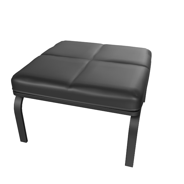 A black leather ottoman with a black base and a white background.