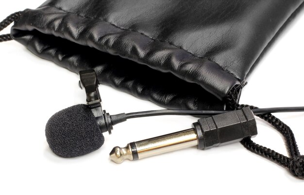 Black leather pouch bag with microphone