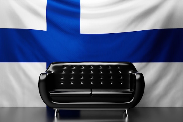 Black leather sofa with the national flag of Finland in the background 3D illustration
