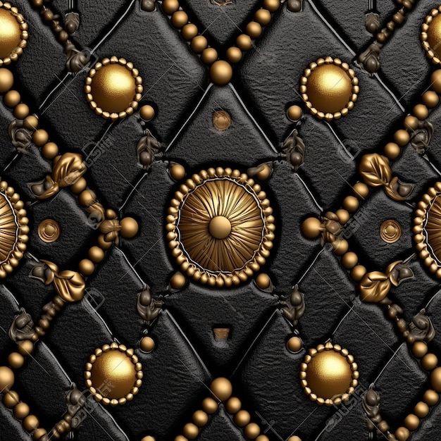 A black leather texture with gold beads and metal studs.