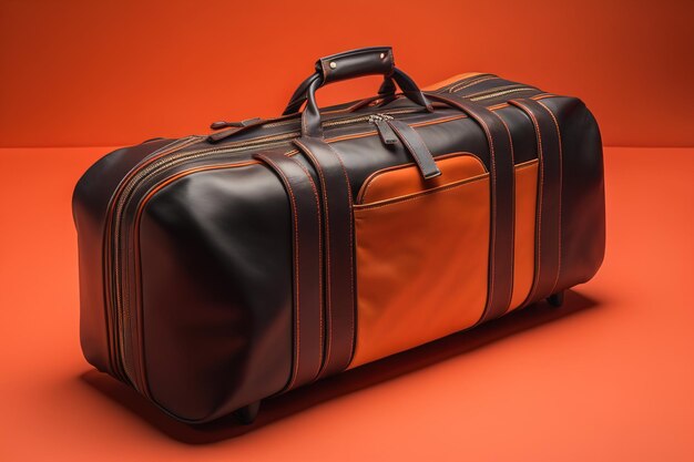 Photo a black leather travel bag on a orange background generative ai