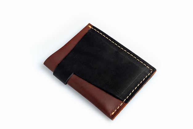 Black leather wallet with blank cards isolated on white background