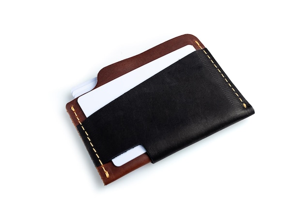 black leather wallet with blank cards isolated on white background
