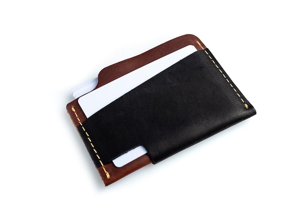 Black leather wallet with blank cards isolated on white background