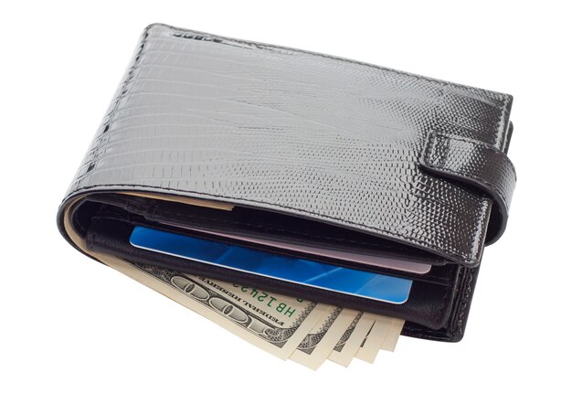 Black leather wallet with cards and money. Isolated on white