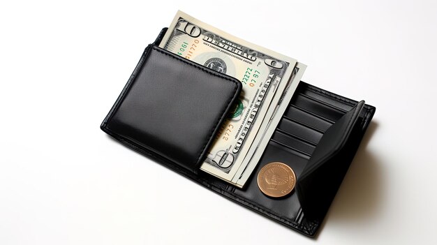 A black leather wallet with money in the background on a white surface generated by AI