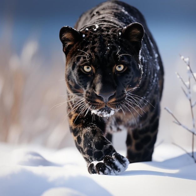 black leopard in snow