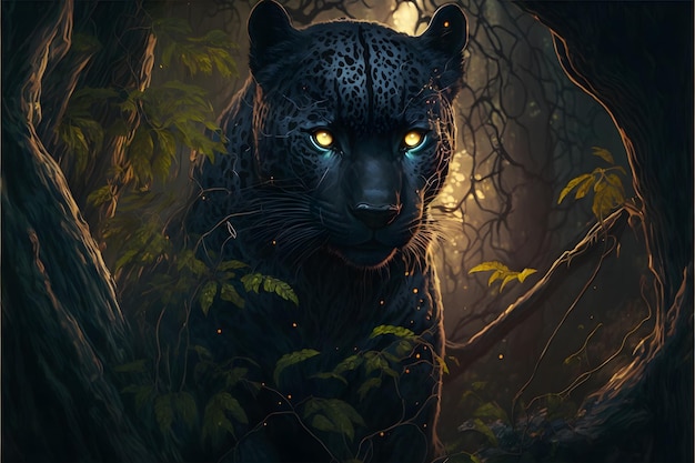 Черный леопард со светящимися глазами сидит в темном лесу.