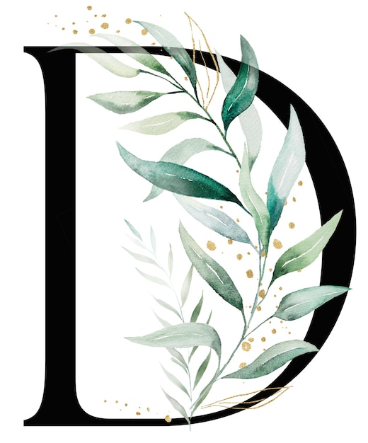 Photo black letter d with green and golden watercolor leaves and twigs isolated illustration