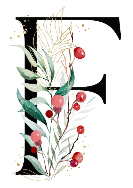 Photo black letter f with colorful watercolor twigs with green and golden leaves and red berries