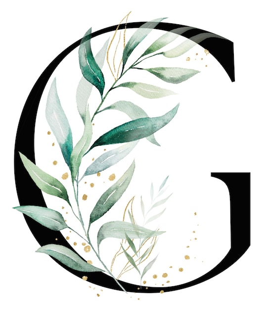 Photo black letter g with green and golden watercolor leaves and twigs isolated illustration alphabet