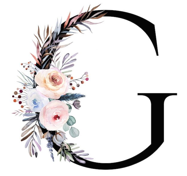 Black letter G with pastel watercolor winter bouquet isolated on white Winter boho letter with leaves berries and flowers in blue lavender and pink Alphabet floral Elements for wedding design