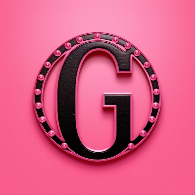 Photo black letter g with pink beads on pink background 3d rendering