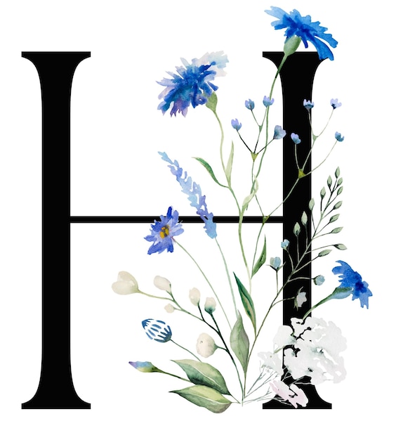 Black letter H with watercolor blue cornflowers and wildflowers bouquet Summer wedding element