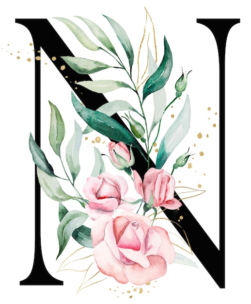 Photo black letter n with pink watercolor flowers and green and golden leaves isolated illustration