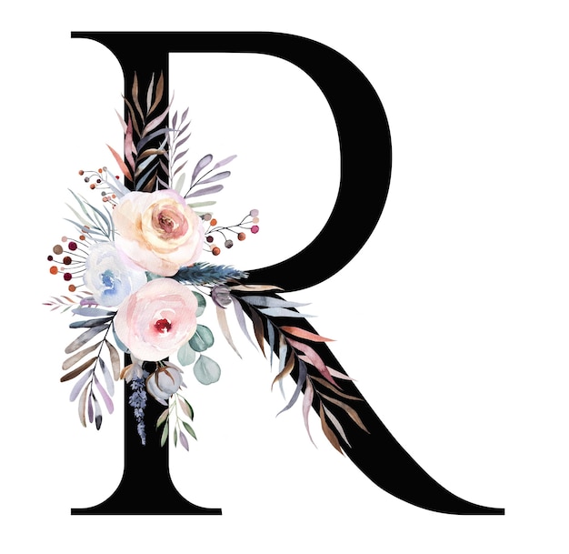 Photo black letter r with pastel watercolor winter bouquet isolated on white winter boho letter with leaves berries and flowers in blue lavender and pink alphabet floral elements for wedding design