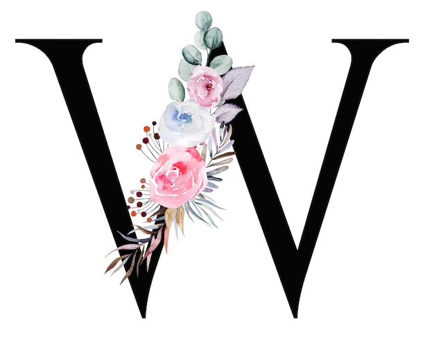 Black letter SW with pastel watercolor winter bouquet isolated on white Winter boho letter with leaves berries and flowers in blue lavender and pink Alphabet floral Elements for wedding design