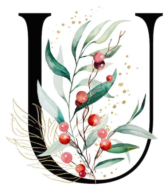 Photo black letter u with colorful watercolor twigs with green and golden leaves and red berries christmas isolated illustration hand painted alphabet element for winter holiday stationary and greetings