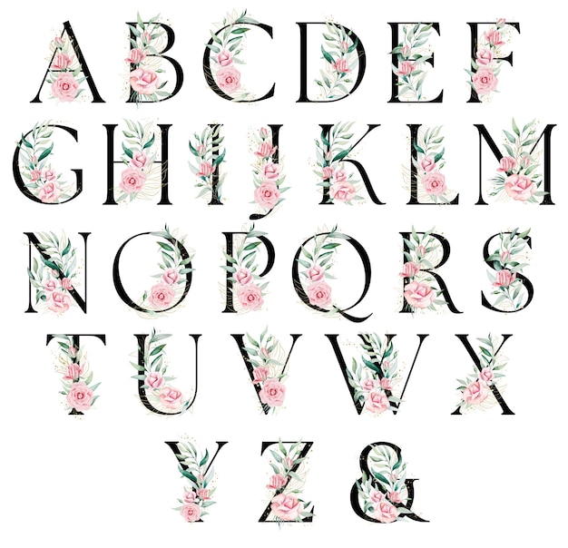 black letters with green and golden watercolor leaves and twigs isolated illustration alphabet