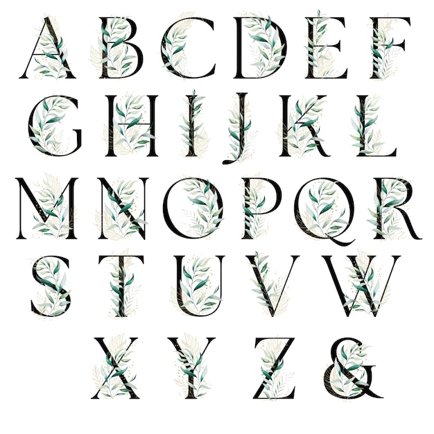 black letters with green and golden watercolor leaves and twigs isolated illustration greenery alphabet for wedding stationery and greeting cards
