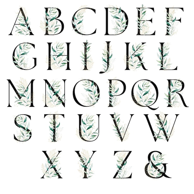 Foto lettere nere con foglie e ramoscelli in acquerello verde e dorato illustrazione isolata greenery alphabet per cancelleria di nozze e biglietti di auguri