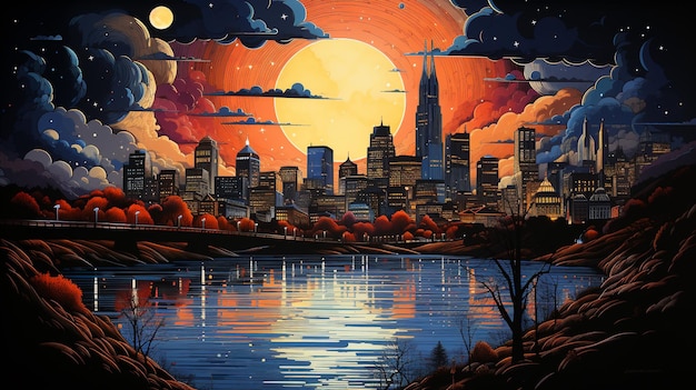 черный свет иллюстрация Нэшвилл Теннесси ночью гравюра на дереве печать насыщенные цвета
