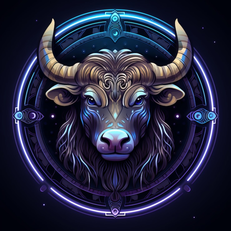 Photo black light taurus head view zodiac sign circle border 2 colours purple and blue clip art style