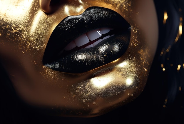 Black lips on a girl's golden face Gold leaf and foil Closeup