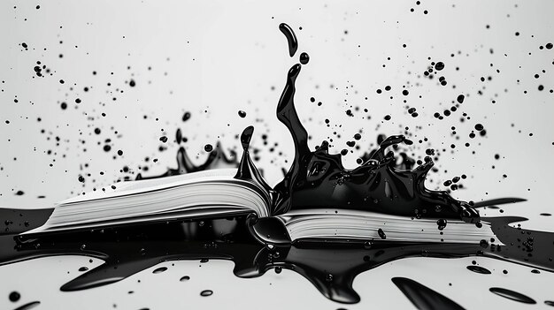 Foto il liquido nero sta fuoriuscendo da un libro il liquido è d'inchiostro e ha una lucentezza lucida il libro è aperto e il liquido sta uscendo dalle pagine