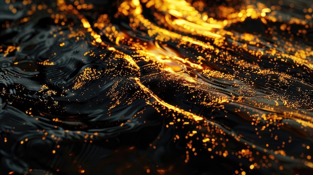 黒い液体の背景 黒い波の油と金の輝き 抽象的な豪華な塗料のパターン 太陽の光の概念 水彩の巻きと壁紙