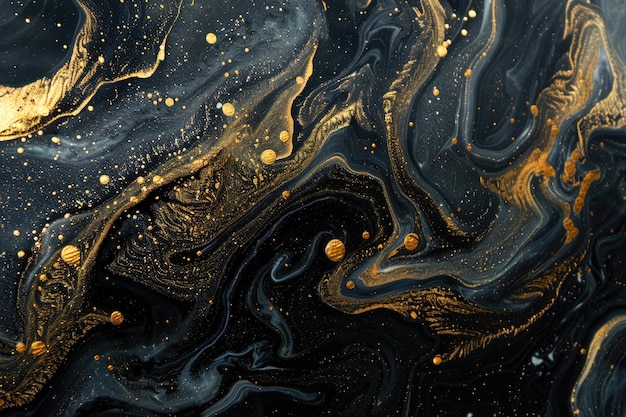 Black liquid texture background top view of waves of oil and gold glitter abstract luxury marble pattern Concept of shiny surface watercolor and wallpaper