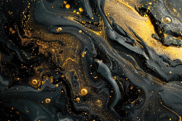 Black liquid texture background top view of waves of oil and gold glitter abstract luxury paint pattern Concept of shiny marble surface watercolor swirl