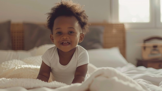 Photo a black little baby girl sits on bed looking at a camera and smiling at home ad banner with cute child posing indoor panorama with copy space for your text