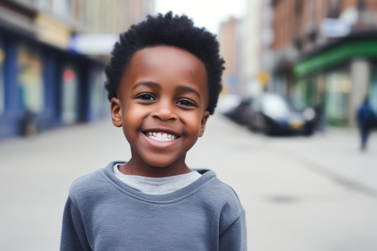 Photo black little boy smile outdoors portrait