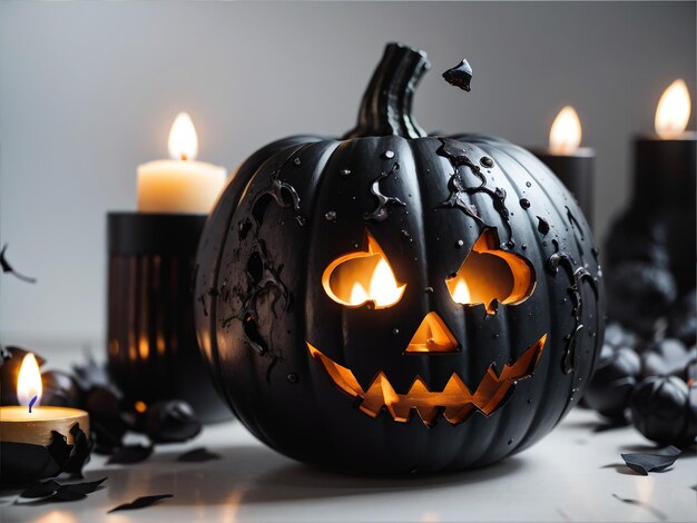 Black Little Cat with Halloween Pumpkins