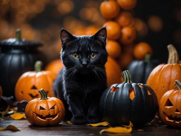 Black Little Cat with Halloween Pumpkins