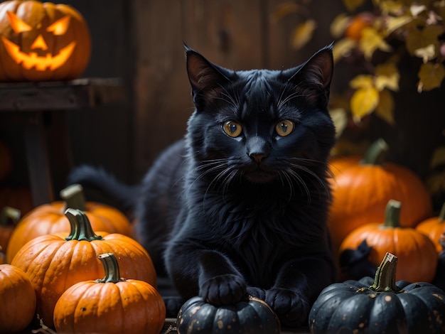 Black Little Cat with Halloween Pumpkins